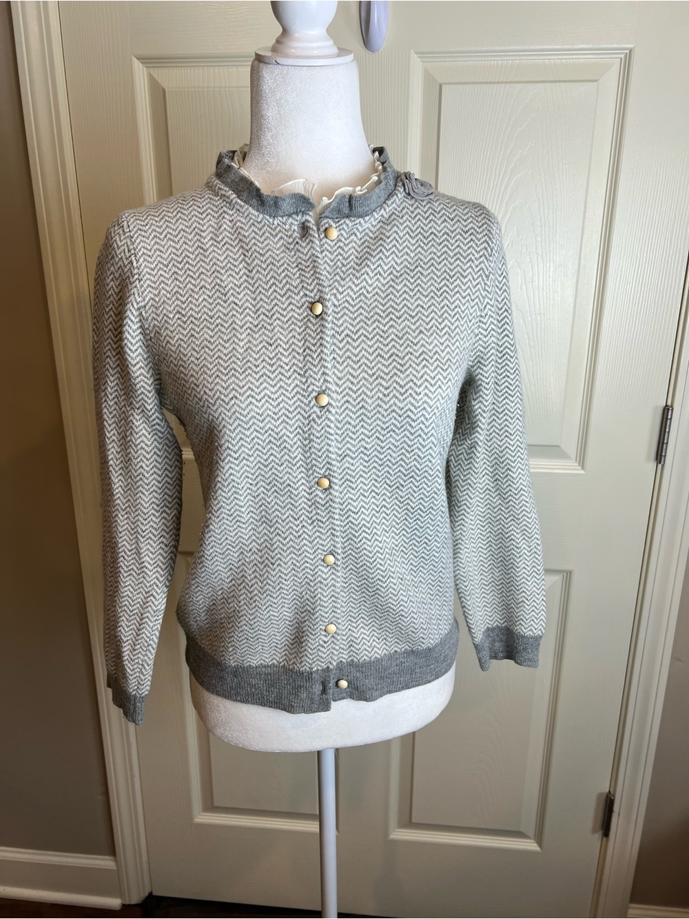 Vintage J crew herringbone Button-Front Cardigan Sweater in Gray and Cream small